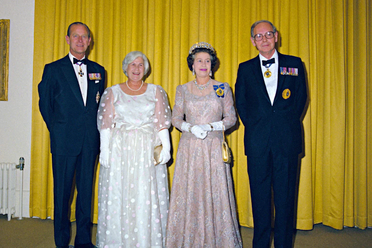 Queen Elizabeth II and the Duke of Edinburgh with Governor-General, Sir Ninian Stephen and Lady Stephen at Government House, Canberra, 1982.