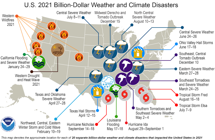 Map of costliest U.S. weather and climate disasters of 2021