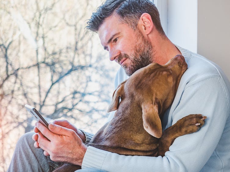 A man with a dog looking at his mobile phone in front of a window.