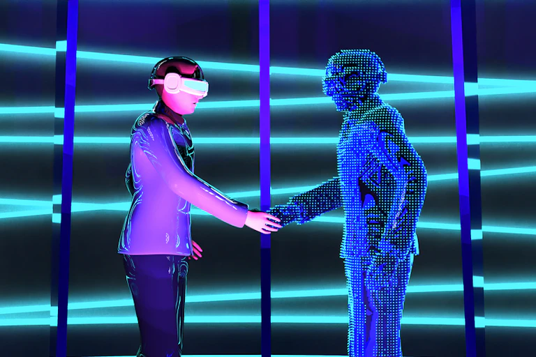 Un homme qui porte des lunettes virtuelles sert la main d'un hologramme graphique dans le cyberespace.