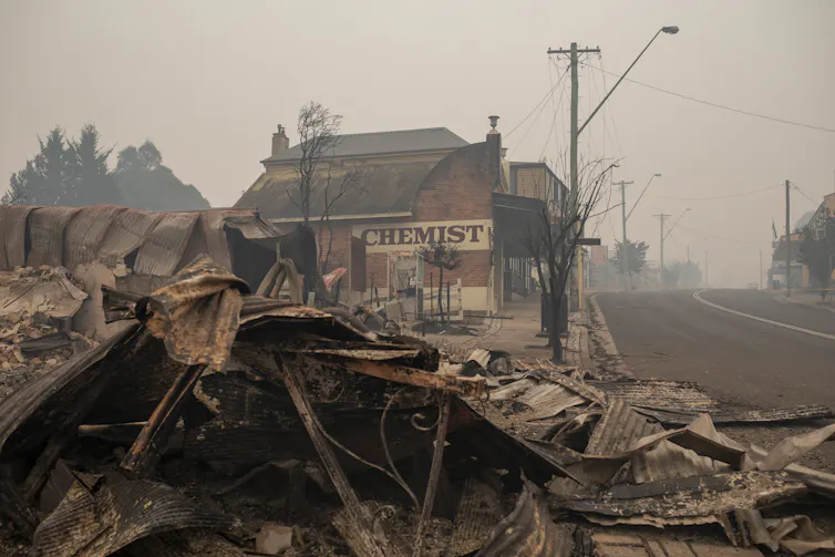 A building lies destroyed.