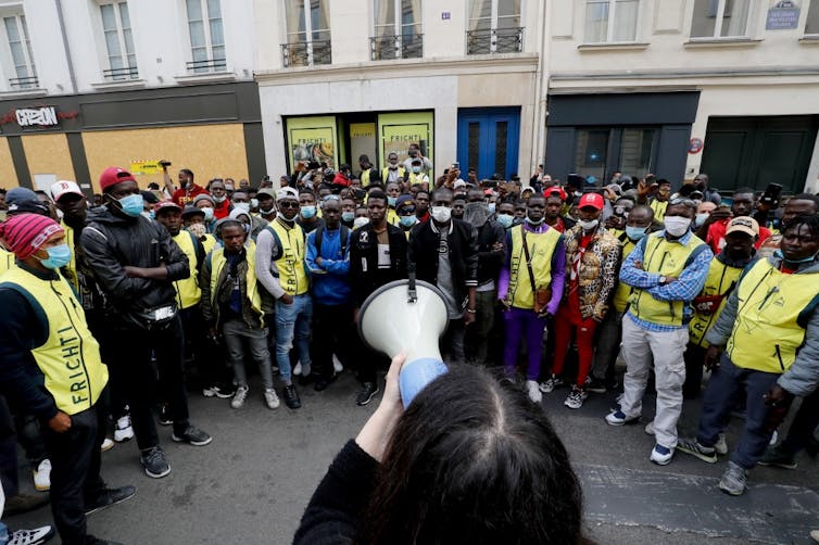 Delivery riders for the delivery app Frichti protest their working condition in Paris, June 2020
