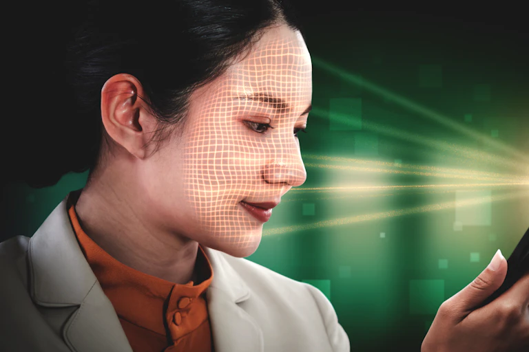 une femme tenant un téléphone portable qui scanne son visage.