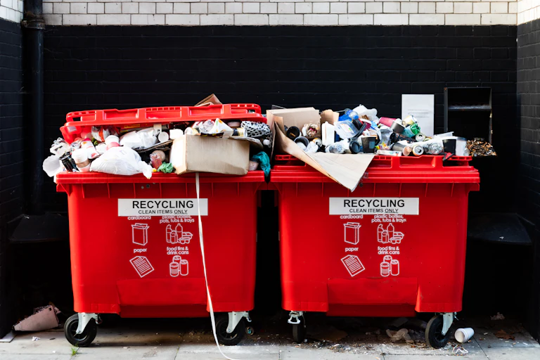Two large recycling dumpsters overflowing with mixed materials