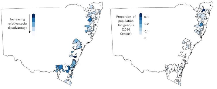 Two maps illustrating (a) the index of relative social disadvantage, and (b) the proportion of affected population that was Indigenous (2016 Census)