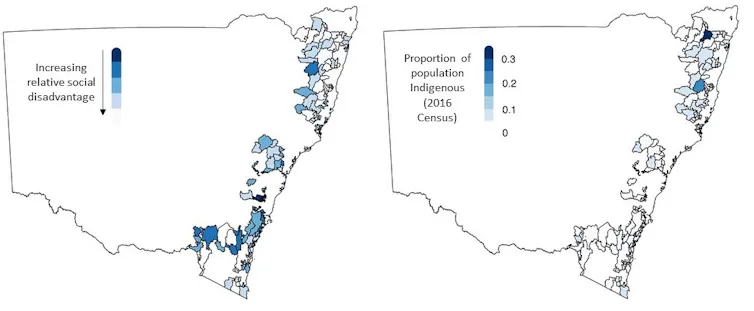 Two maps illustrating (a) the index of relative social disadvantage, and (b) the proportion of affected population that was Indigenous (2016 Census)