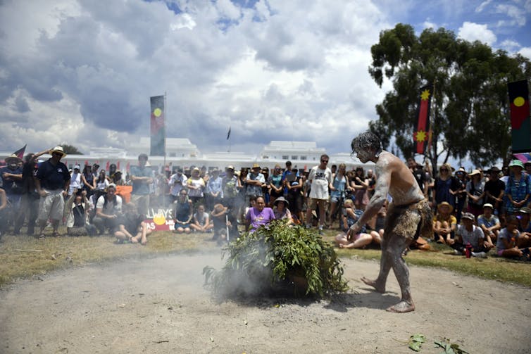 A smoking ceremony at the Aboriginal Tent Embassy.
