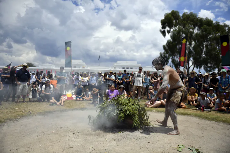 A smoking ceremony at the Aboriginal Tent Embassy.