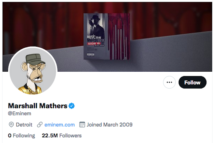 Eminem's Bored Ape avatar on his Twitter profile.