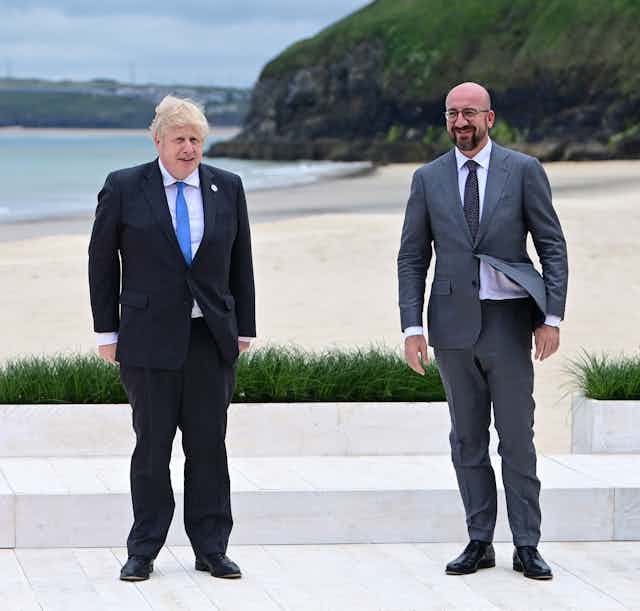 Boris Johnson and Charles Michel on a windy beach in Cornwall ahead of the G7 summit.
