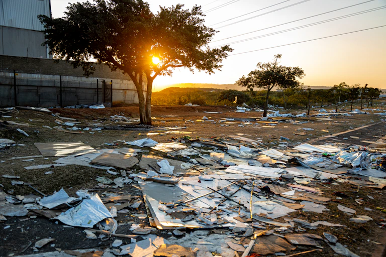 Litter in front of a tree around sunset time.