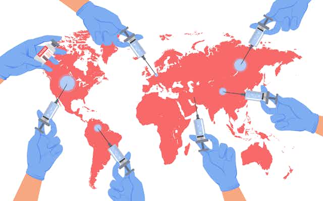 Illustration of world map with continents colored salmon, with hands wearing latex gloves injecting COVID-19 shots in different continents