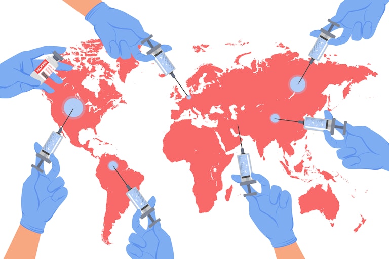 Illustration of world map with continents colored salmon, with hands wearing latex gloves injecting COVID-19 shots in different continents