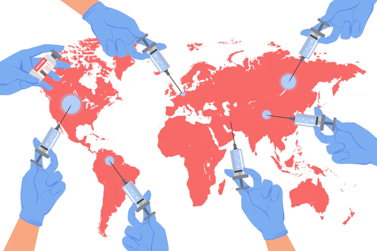 Illustration of world map with continents colored salmon, with hands wearing latex gloves injecting COVID-19 shots in different continents