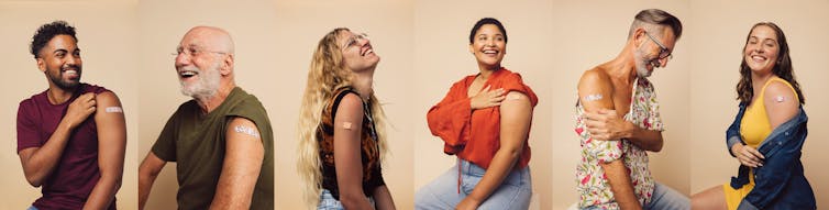 A series of images of people with their sleeve rolled showing a bandage over a vaccination site