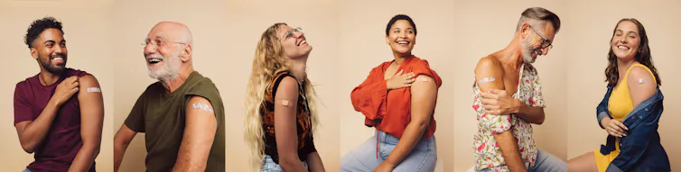 A series of images of people with their sleeve rolled showing a bandage over a vaccination site