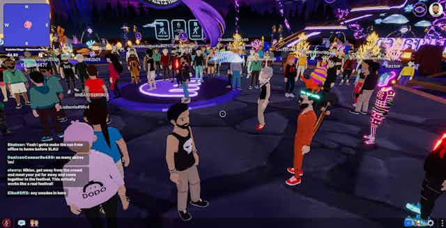 A cartoon image of a crowd of people in a futuristic convention hall