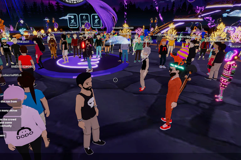 A cartoon image of a crowd of people in a futuristic convention hall