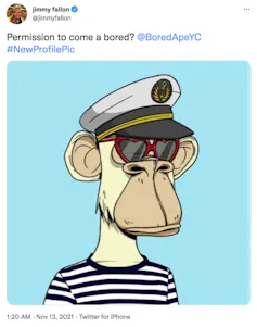 Jimmy Fallon's tweet about his Bored Ape purchase.