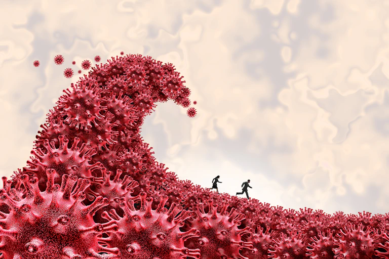 Ocean wave of coronavirus chasing people