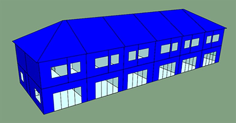 Blue architectural computer model of a building against green background.