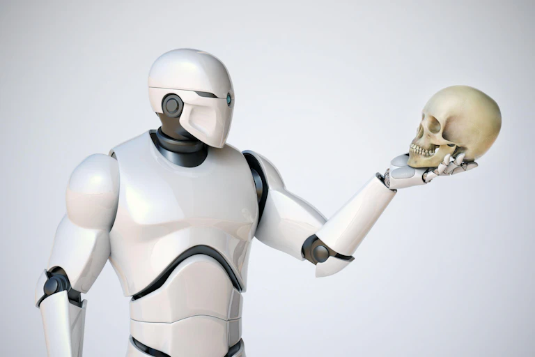 A robot holding a skull like in Hamlet.