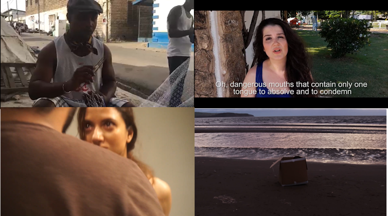 Screen split into four showing separate scenes of Shakespeare being performed in four different countries, Ghana, Brazil, India and Scotland.