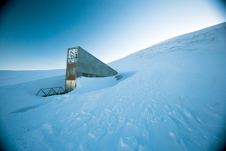 A concrete door structure looms out of a snowy landscape