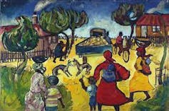 A painting with many brightly dressed figures from behind, women with children, carrying goods on their heads, a man on a bike, dogs playing, trees, a truck and small houses.