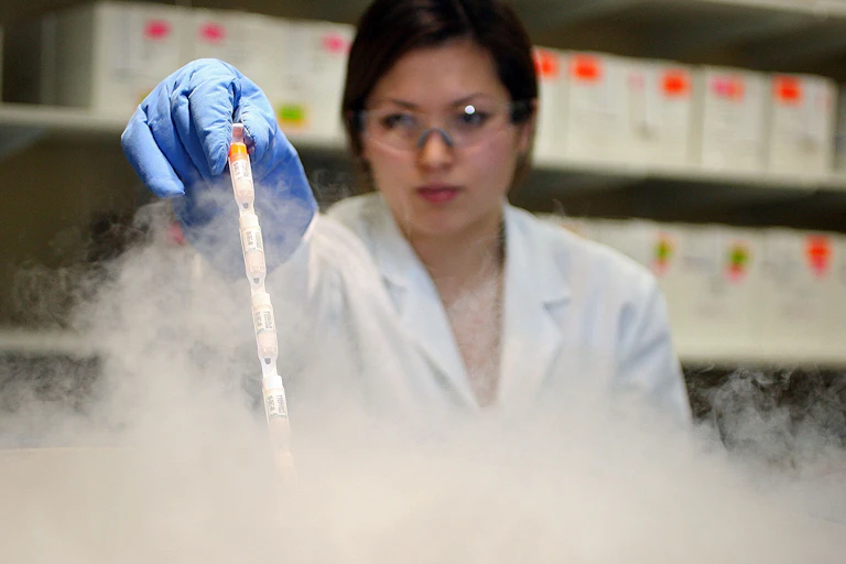 A lab technician puts sperm vials into liquid nitrogen storage tanks.
