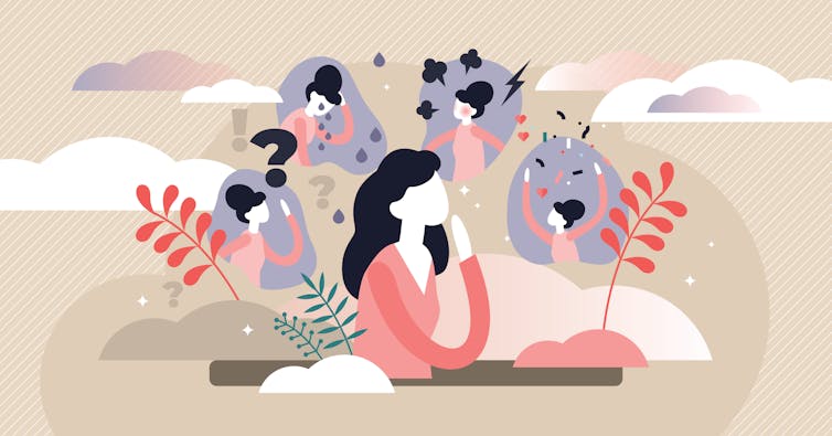 An illustration of a woman look up into a bunch of different versions of herself.