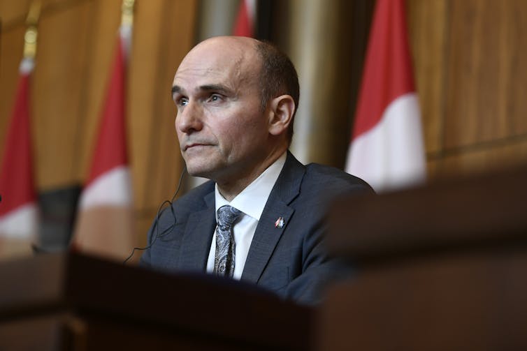 Health Minister Jean-Yves Duclos at a news conference with Canadian flags behind him.