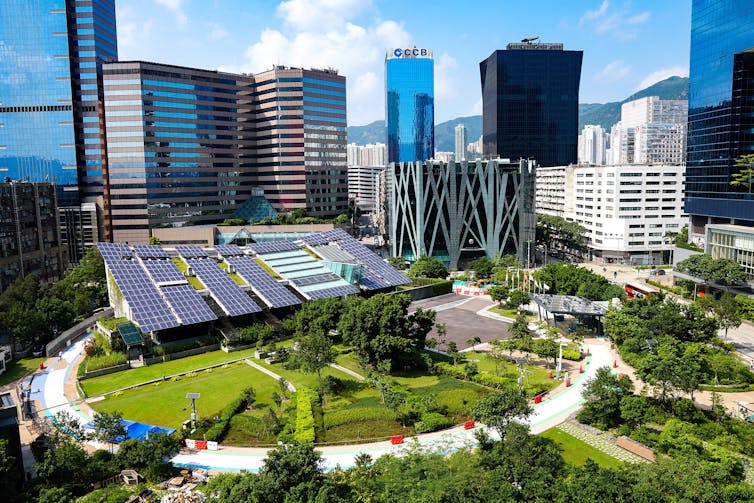 A row of solar panels in a city