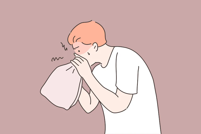 Illustration of person breathing into a paper bag with a taupe background