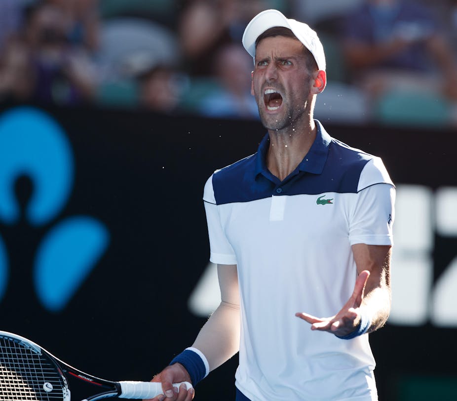 Serbian tennis player Novak Djokovic reacts emotional at the Australian Open 2018 Tennis Tournament, Melbourne Park, Melbourne, Victoria, Australia.