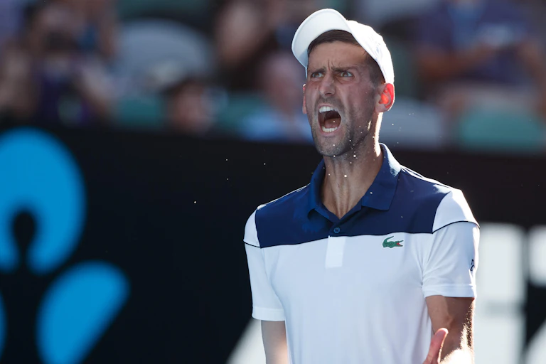 Serbian tennis player Novak Djokovic reacts emotional at the Australian Open 2018 Tennis Tournament, Melbourne Park, Melbourne, Victoria, Australia.