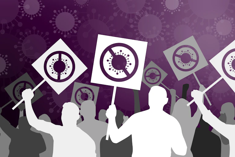 Ilustración de manifestantes con pancartas con un coronavirus tachado.