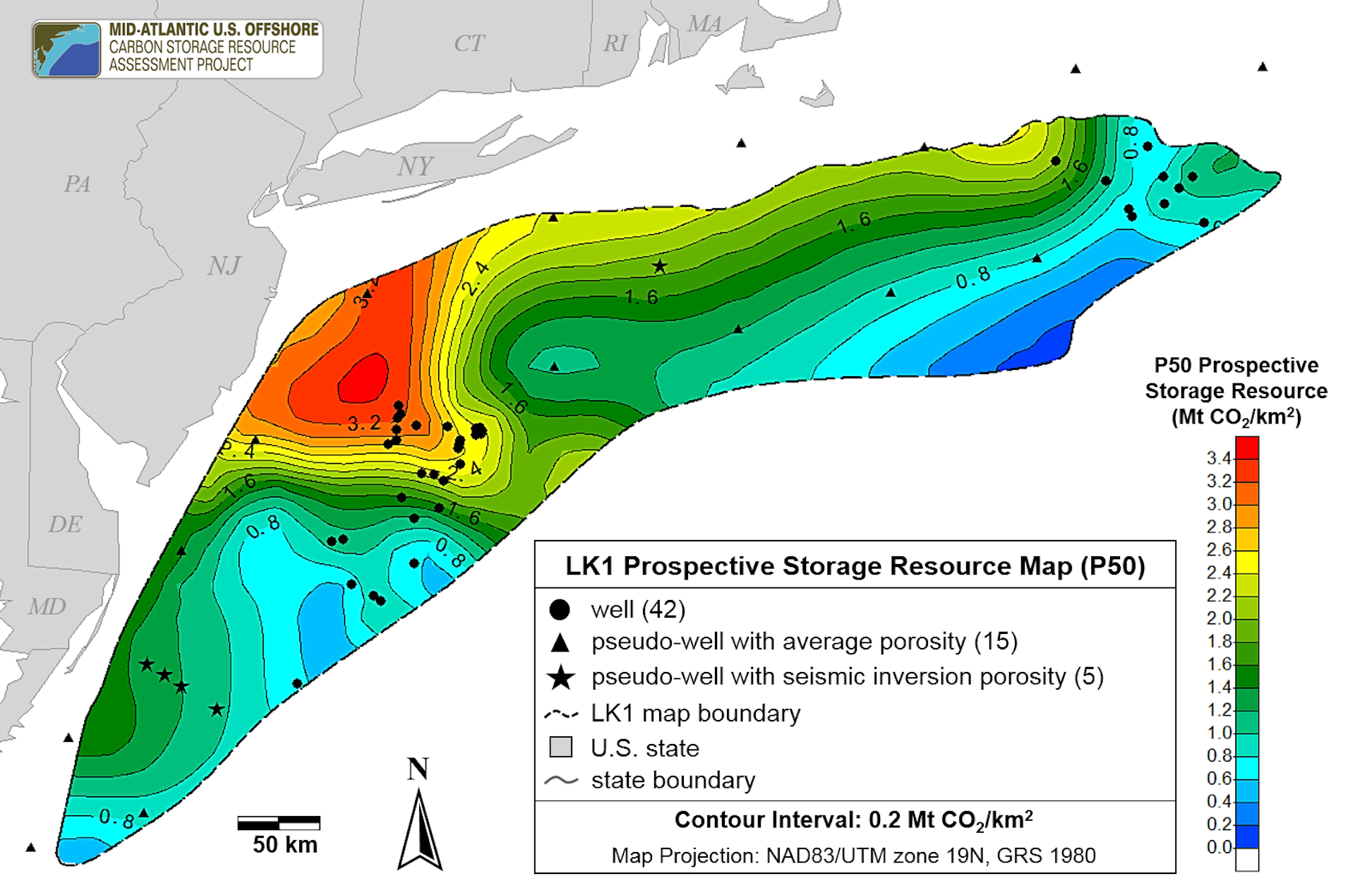 A map in blue, green, yellow, orange, and red showing undersea storage options in the vicinity of offshore wind farm lease areas