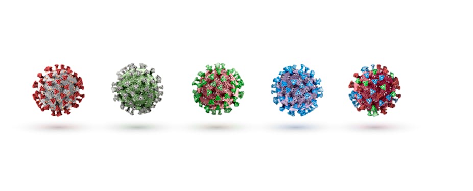 Digital rendering of five differently colored COVID-19 virus variants.