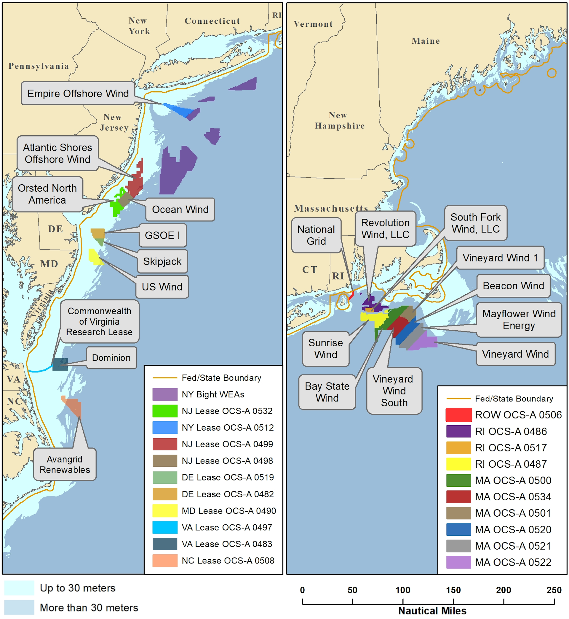 Map of US East Coast showing wind farm lease areas offshore