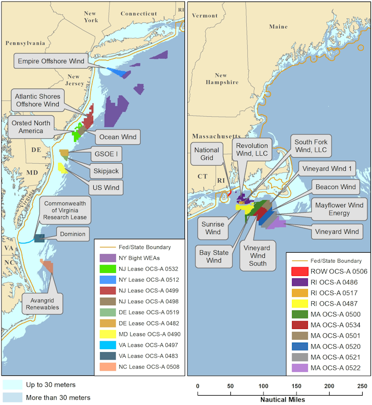 Map of coasts showing lease areas offshore