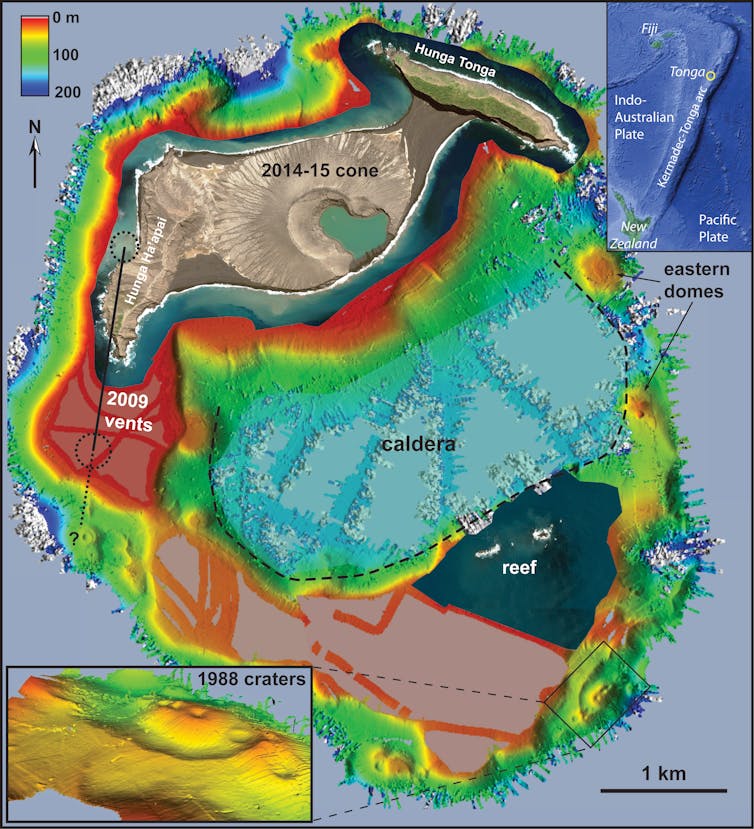 A map of the seafloor shows the volcanic cones and caldera.