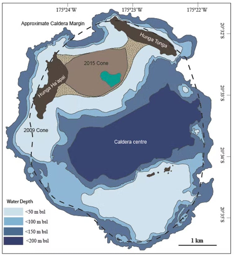 Un mapa del enorme volcán submarino junto a las islas Hunga-Ha\'apai y Hunga-Tonga.