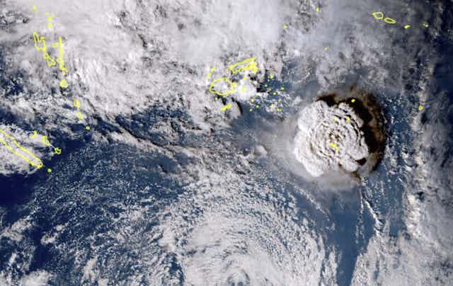 The plume of the volcanic eruption off Tonga seen from space