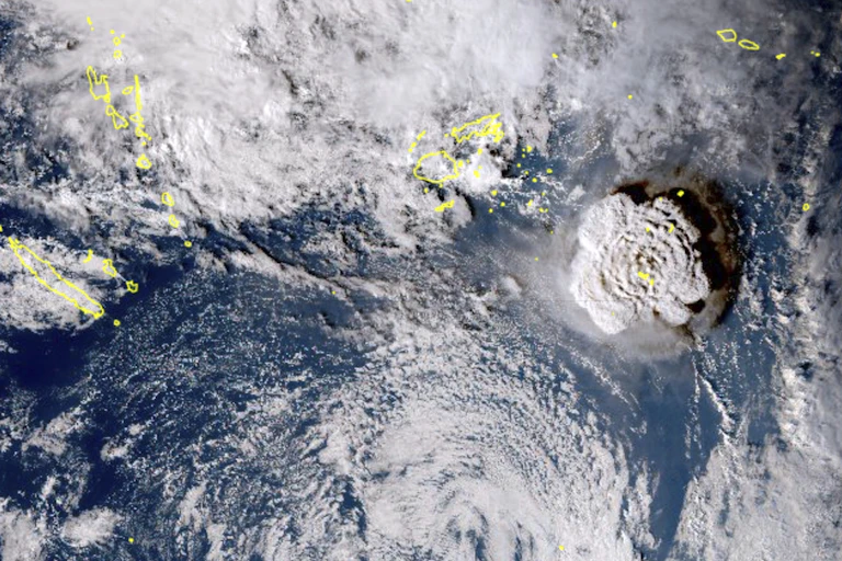 The plume of the volcanic eruption off Tonga seen from space