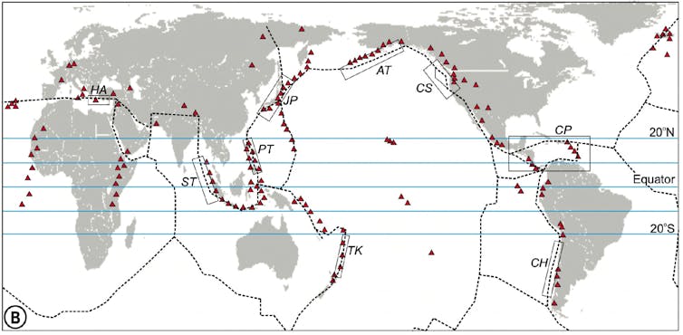 In this map you can see the global plate tectonic boundaries (dashed lines) where most volcanic eruptions and earthquakes occur, approximate cyclone/hurricane zone (blue lines) and locations of volcanic regions (red triangles). Significant zones where earthquakes and tsunami occur are marked. Author provided