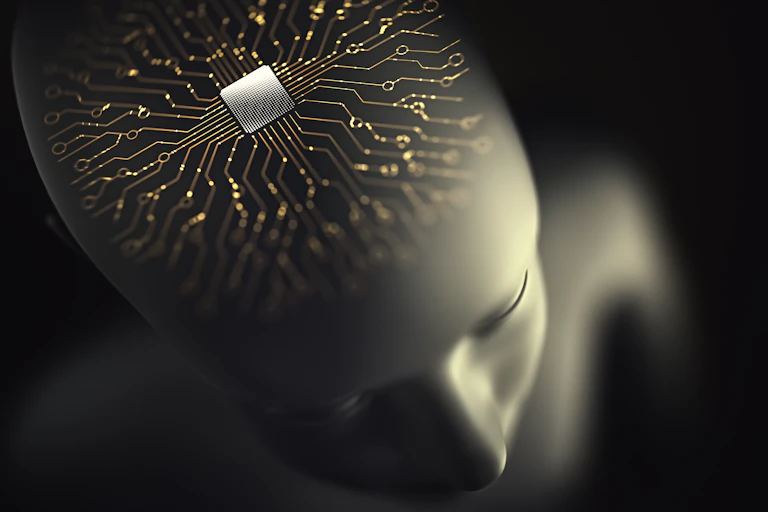 Overhead illustration of a golden chip embedded onto the top of a bald head