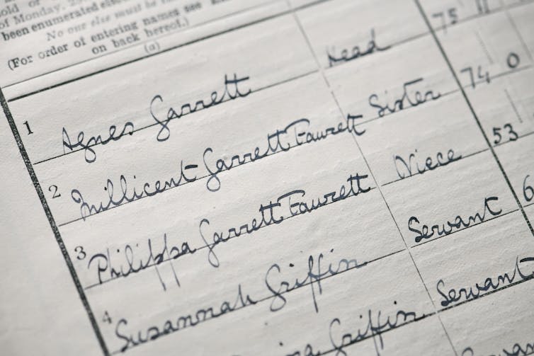 A close-up shot of names entered on to a 1921 census record.