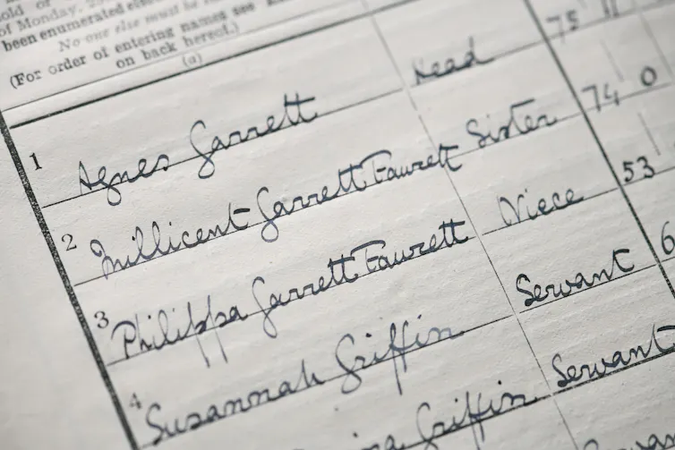 A close-up shot of names entered on to a 1921 census record.