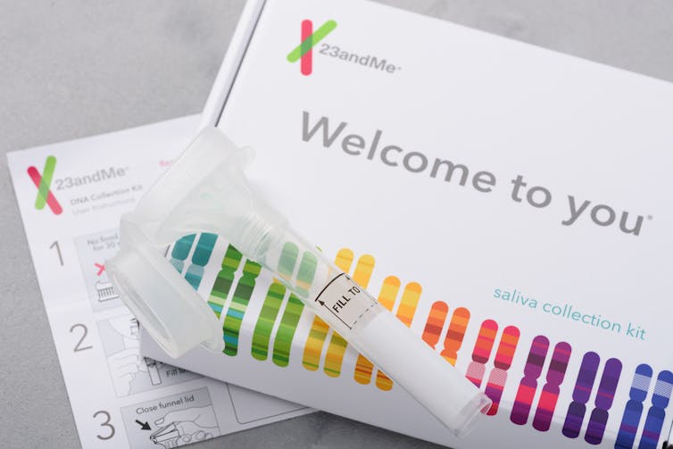 A picture of a 23andMe DNA test kit.